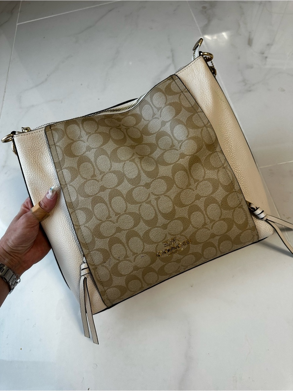 Coach Signature Canvas White Cream Pebbled Leather Snake Trim Shoulder Bag